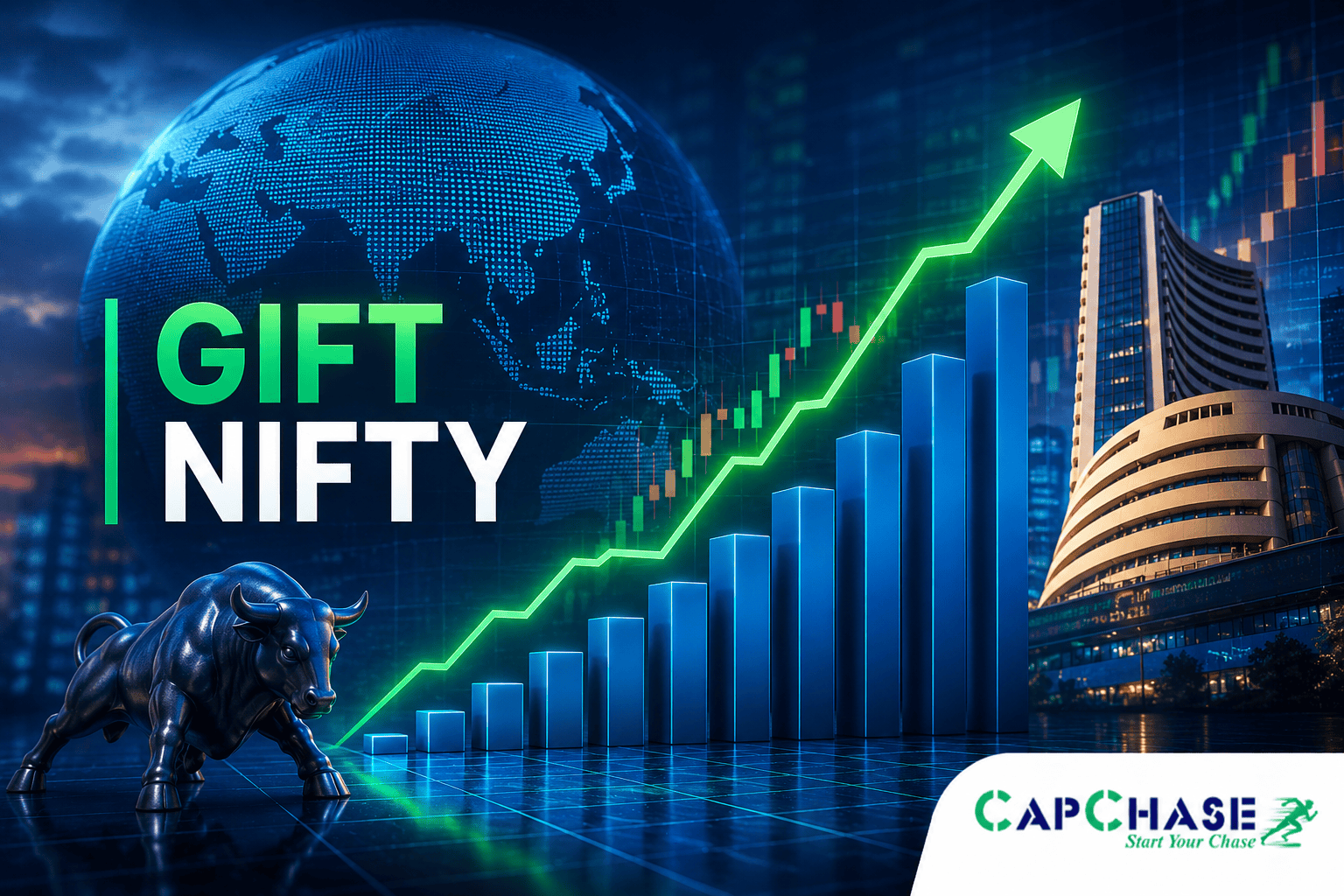 GIFT Nifty market indicator featured image displaying a rising stock market graph, digital financial data, bull market symbol, and India's stock exchange, illustrating market opening trends.